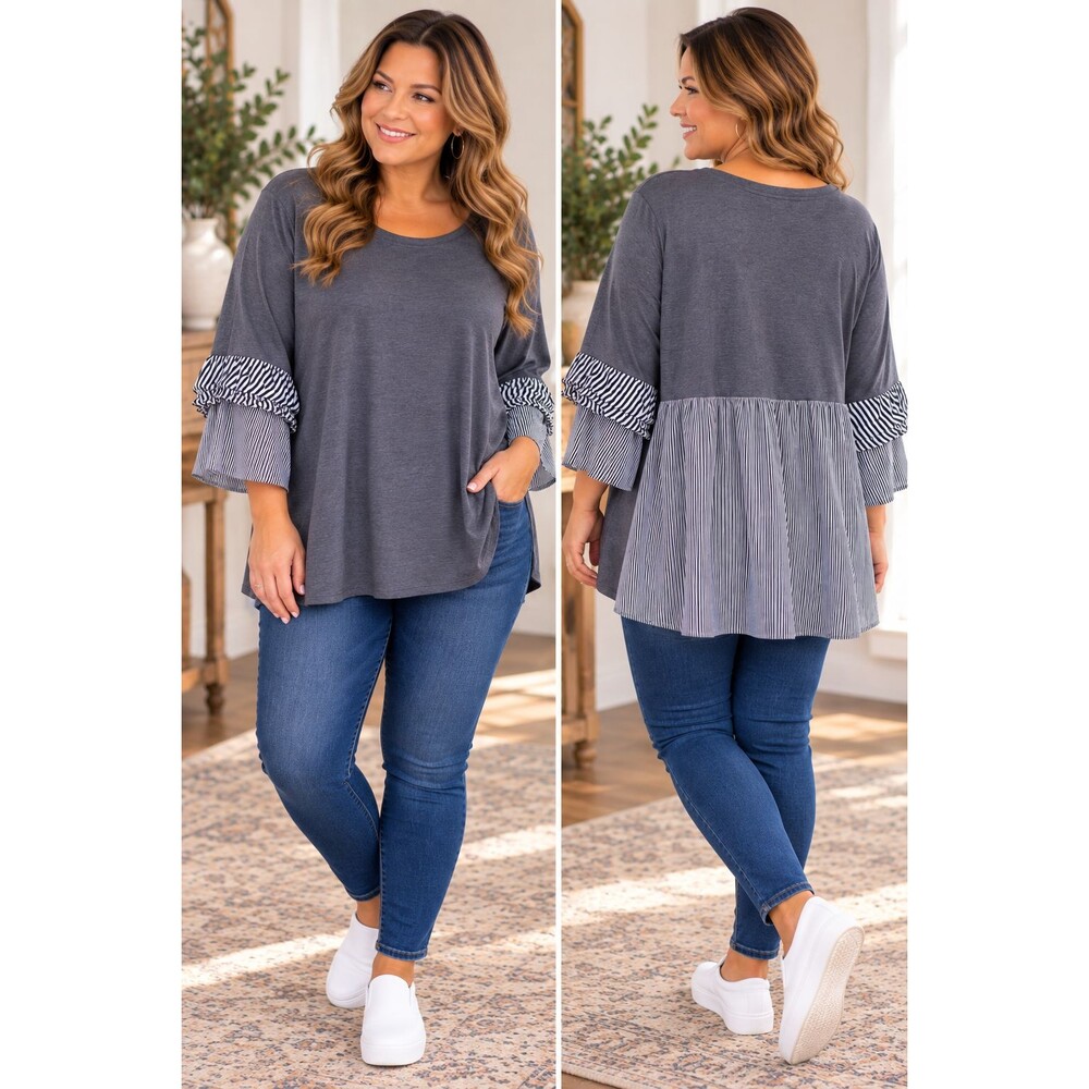 ALYX Womens 3X Gray Ruffle Sleeve Top Striped Bell Sleeve Plus Size Tunic